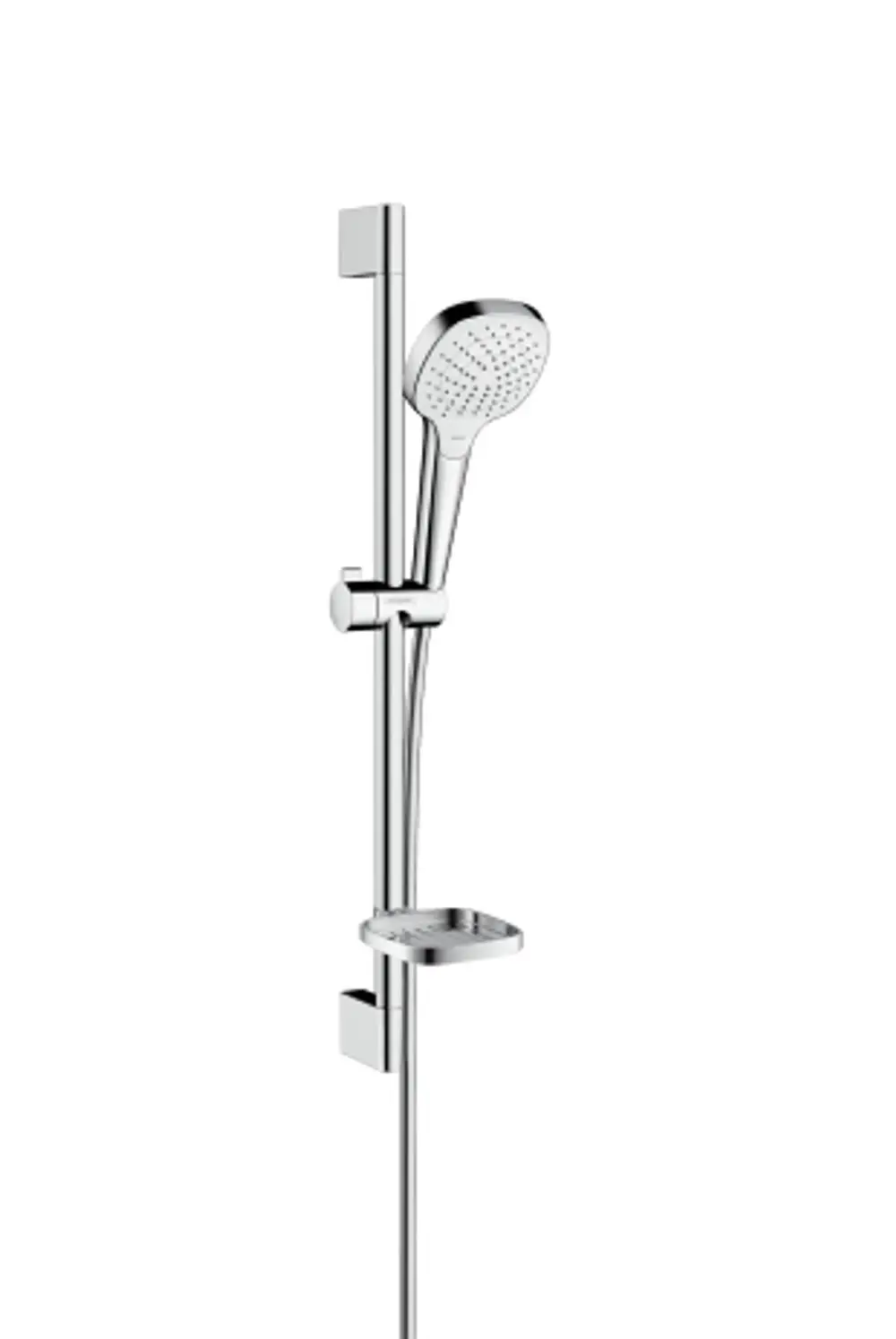 Hansgrohe Brauseset mit verstellbarer Brausestange und Seifenschale in Chrom und Weiß. Praktisches Design für die Dusche, ermöglicht einfache Handhabung.